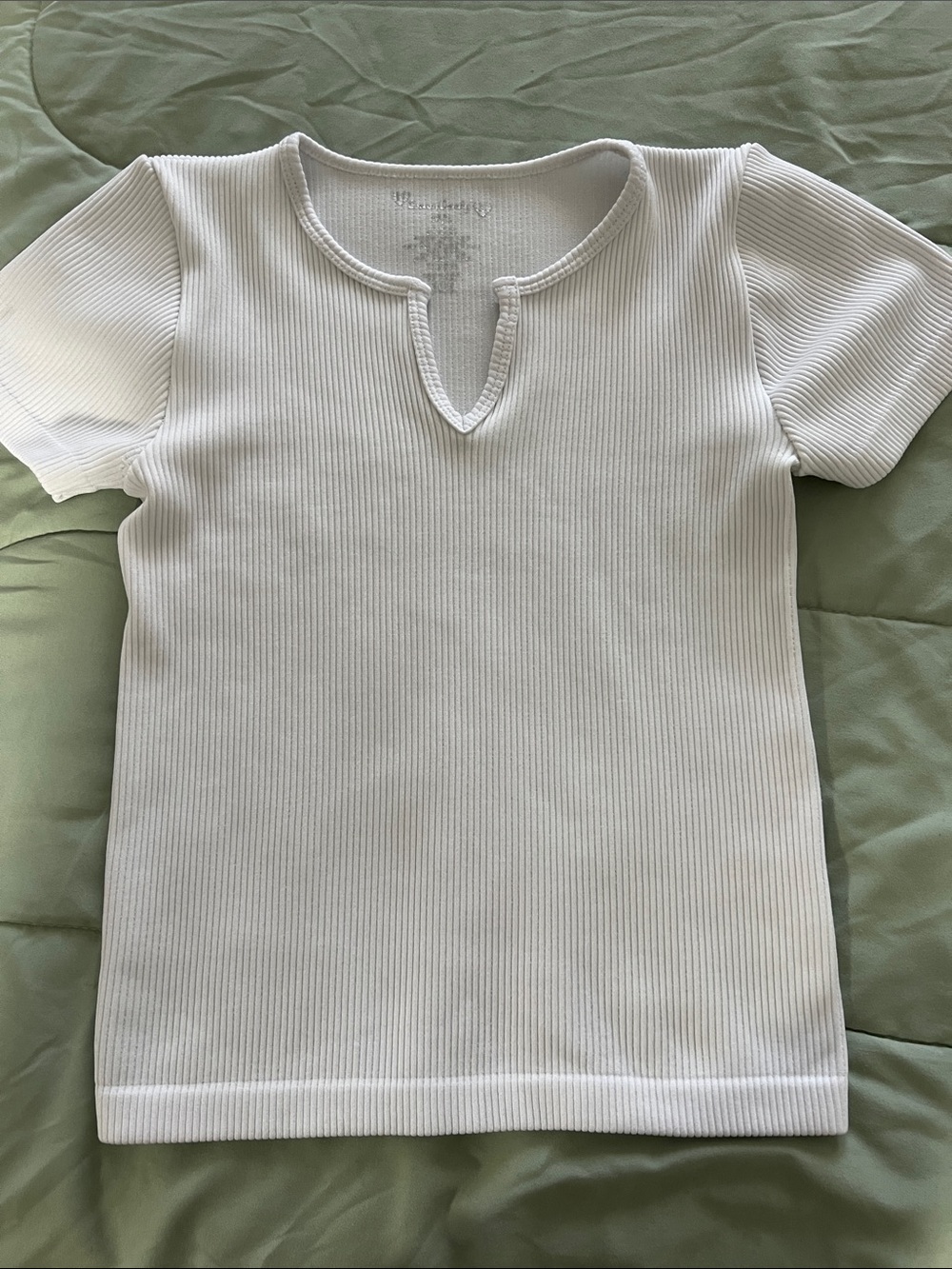 Cotton Candy White Ribbed Short Sleeve Notch Neck Top